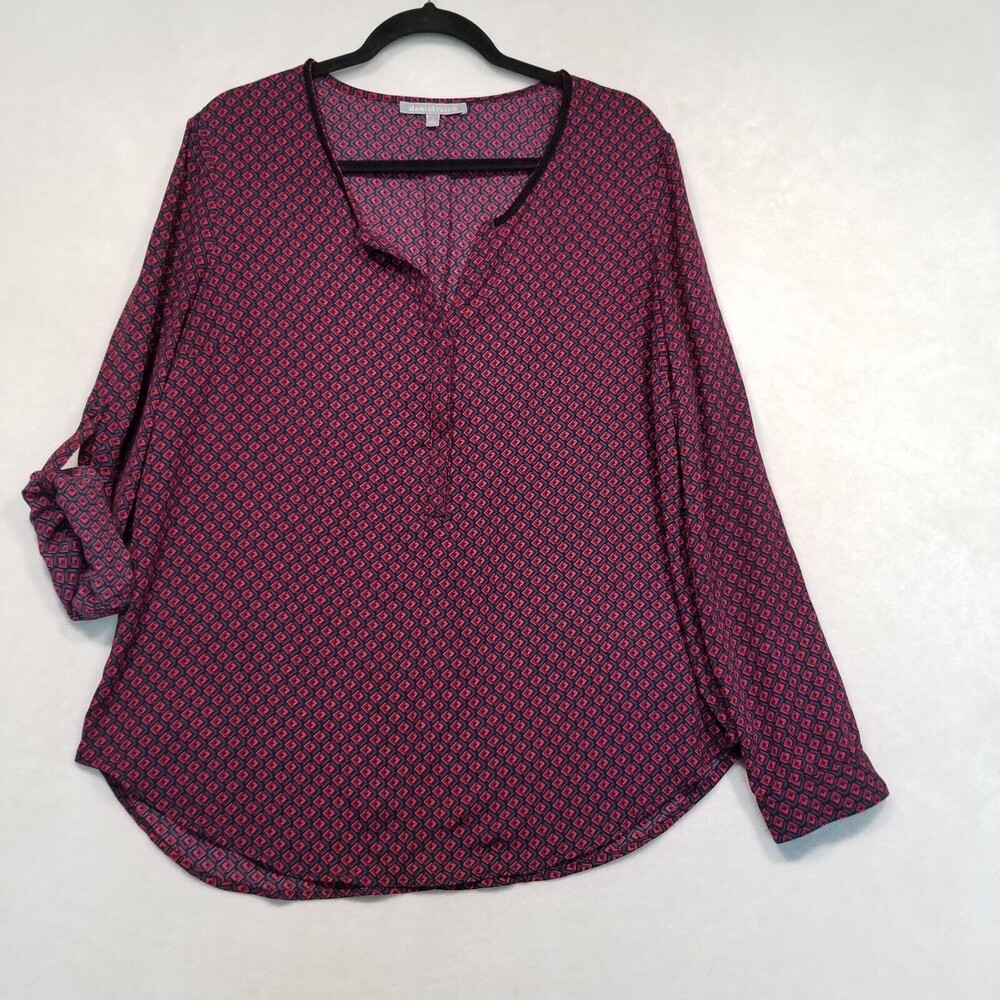 Daniel Rainn L Top Sheer Purple Geometric Print Roll Tab Sleeve Boho Lagenlook